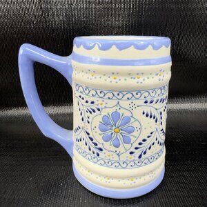 Vintage Hand Made Mexican Pottery Large Beer Mug Cup Raised Painted Floral Mug